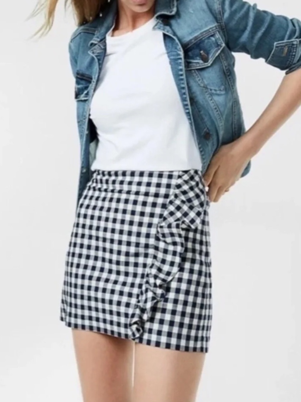 NWOT Express Navy Blue Gingham Black Ruffle Accent Cotton Mini Skirt